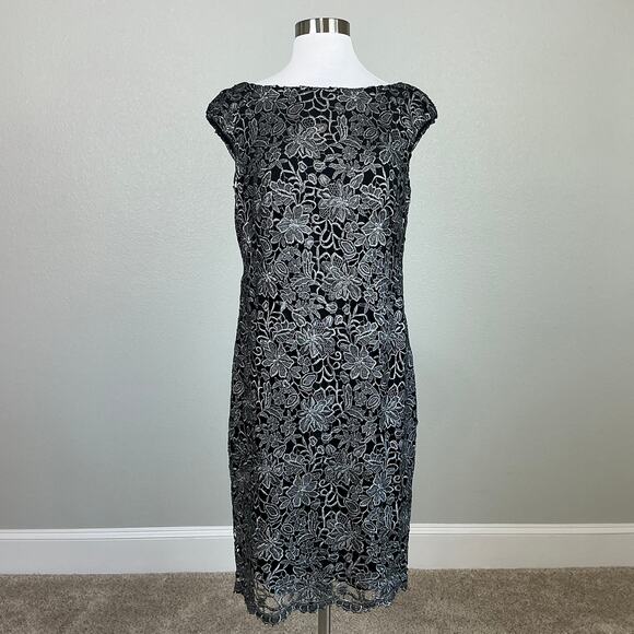 Ralph Lauren Lace Sleeveless Midi Sheath Cocktail Dress Black and Silver Size 6 - Picture 2 of 13